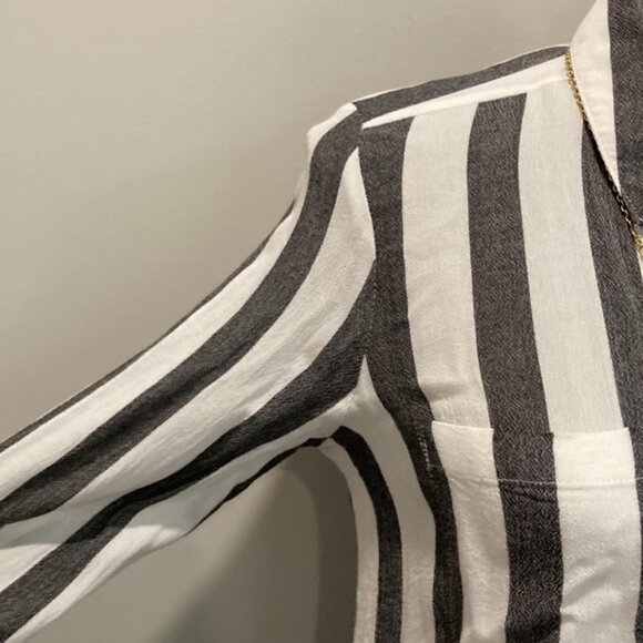 Bp White and Black Striped Button Down Long Sleeve Collared Shirt - Picture 7 of 13